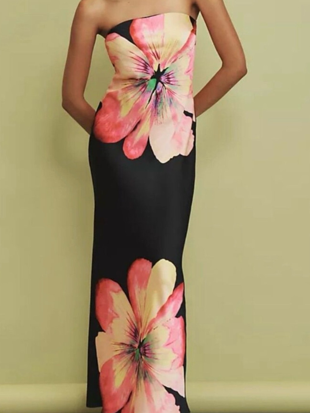 Anthropologie Black Strapless Maxi Dress with Pink & Yellow Floral Print